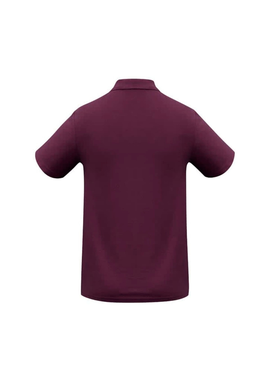 A men's polo shirt in a rich purple hue, featuring short sleeves and a classic collar. It has a small logo on the back.