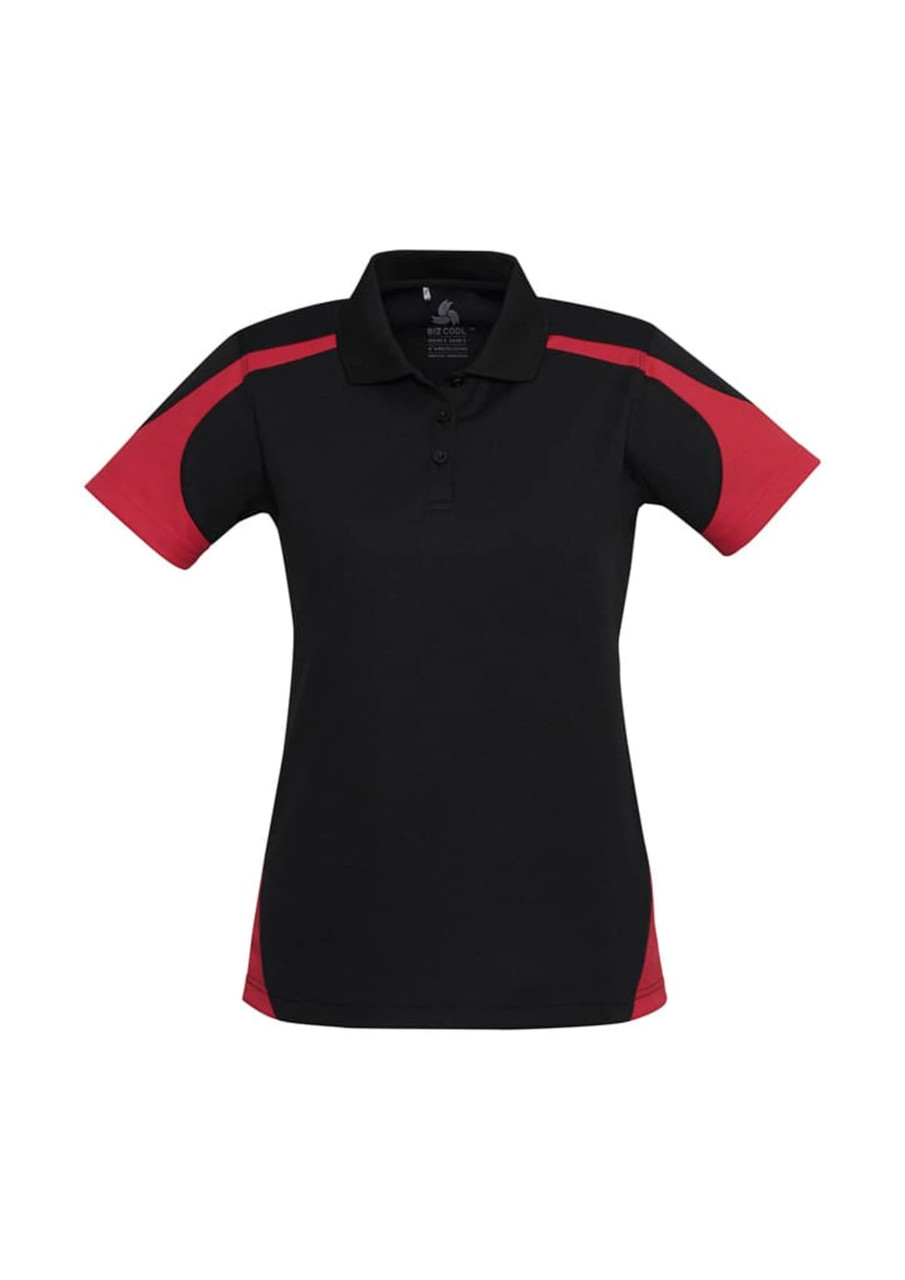 A black short sleeve polo shirt with red accents and a logo on the chest.
