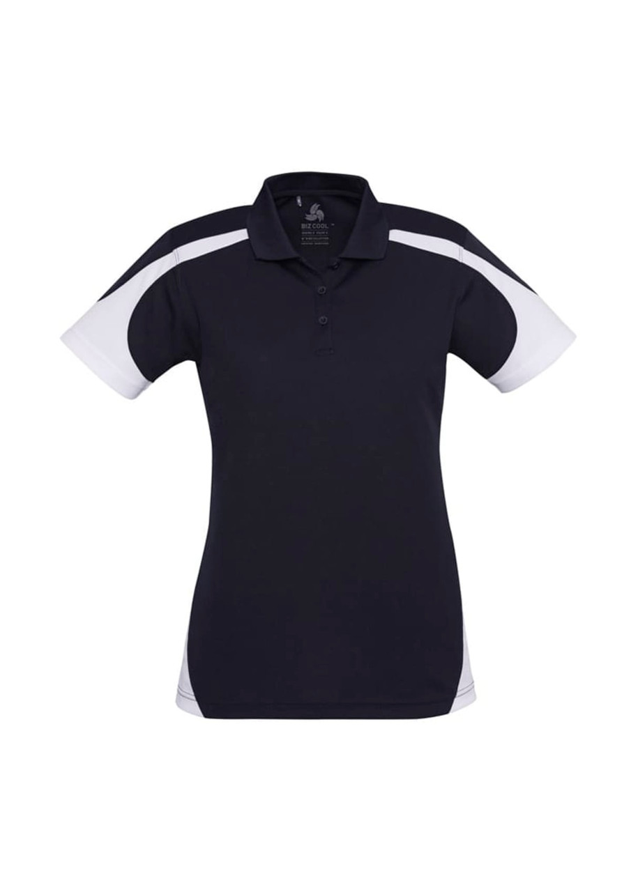 A women's short sleeve polo shirt in navy blue with white accents and a logo.