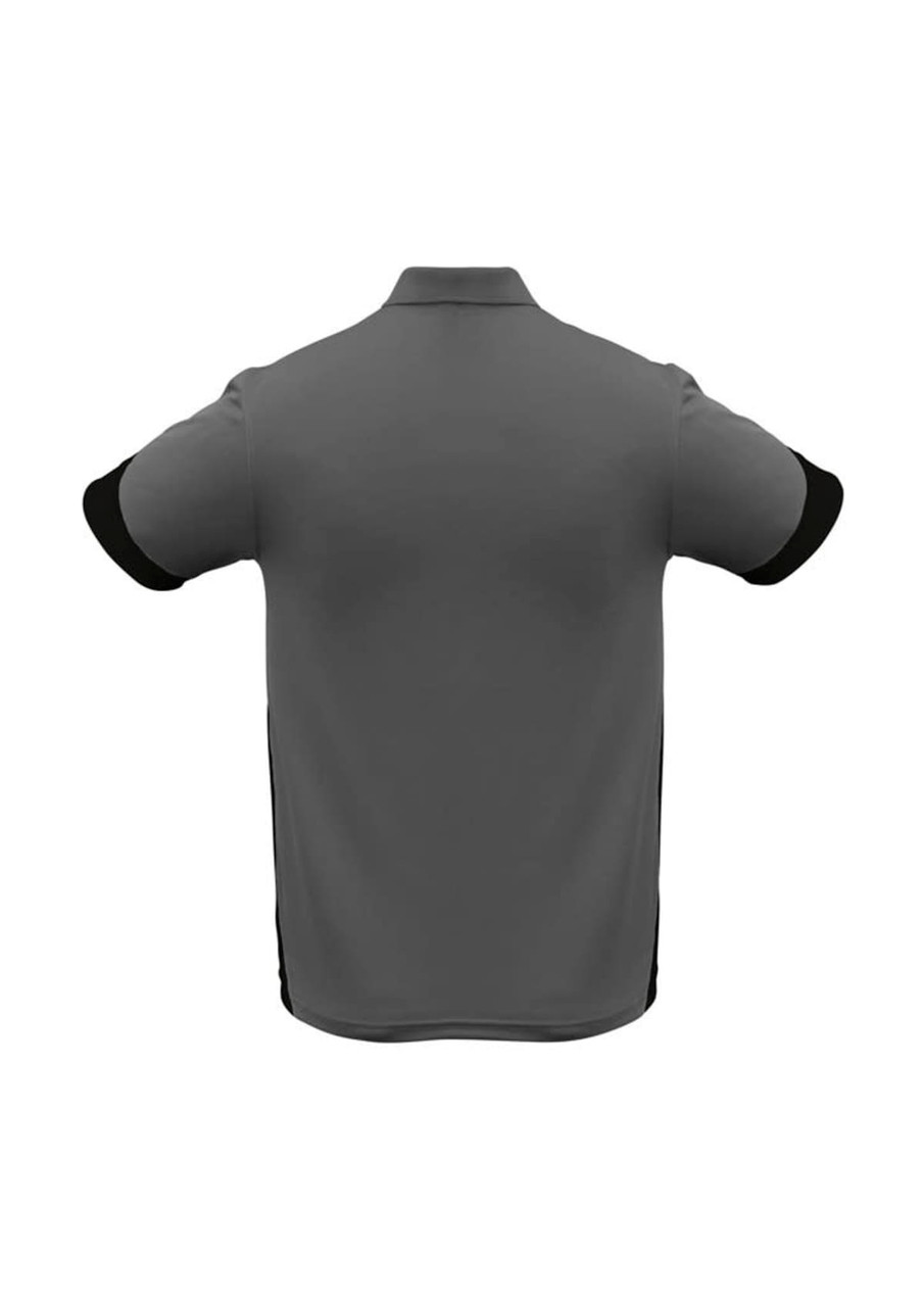 A grey men's polo shirt with black sleeves and a logo on the side. The back view is displayed.