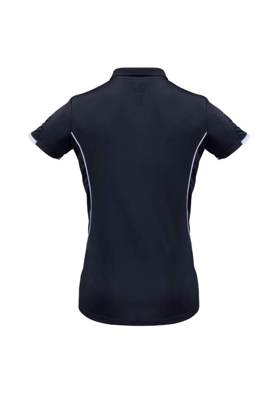 A women's short sleeve polo shirt in black with white detailing, featuring a logo on the back.