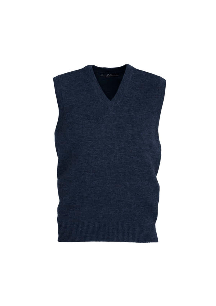A navy woolmix knit vest with a V-neck design and no sleeves, featuring a textured finish.