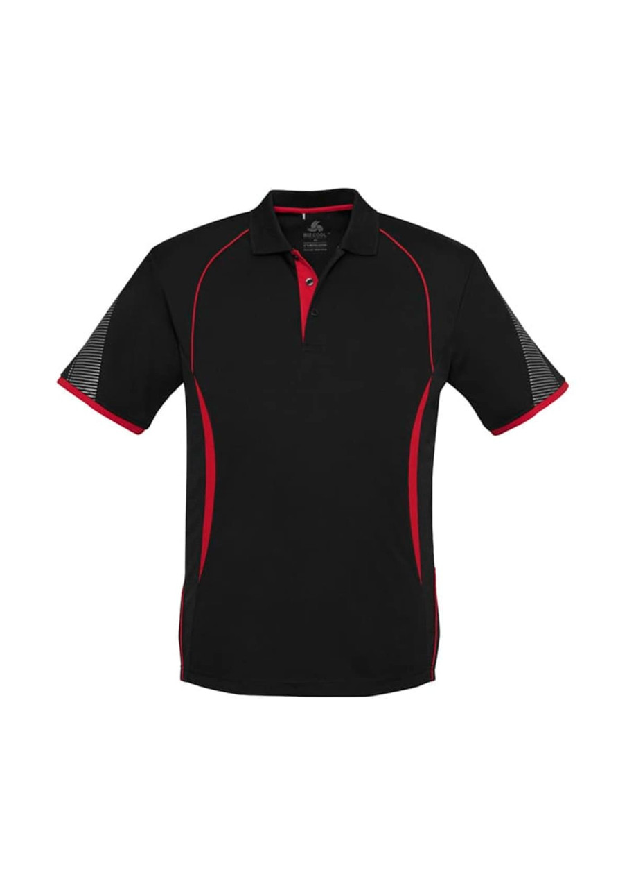 A black polo shirt with red accents and short sleeves, featuring a logo on one side.
