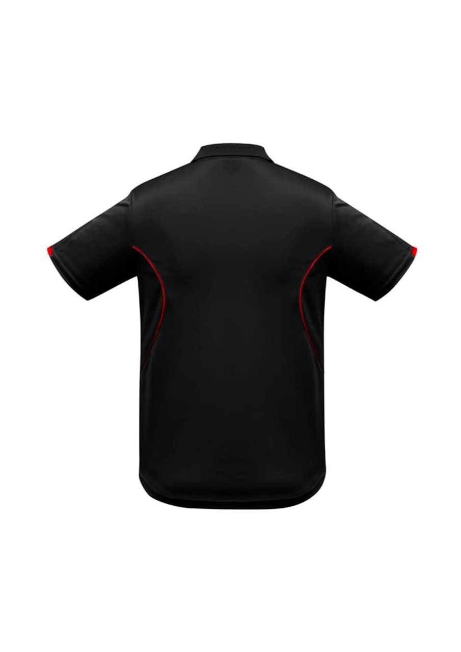 A black polo shirt with short sleeves, featuring red detailing and a logo.