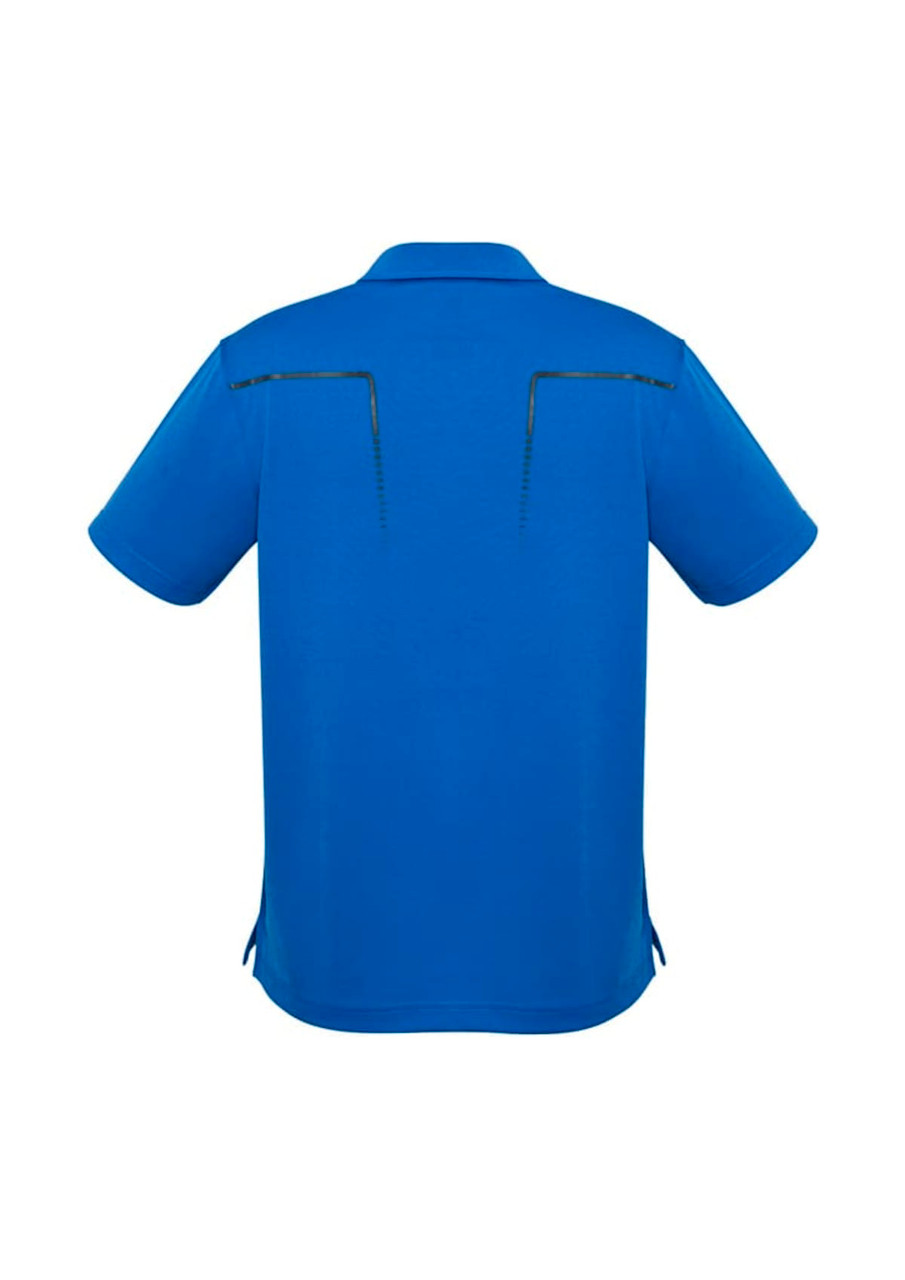 A blue short sleeve polo shirt featuring a logo and stylish back design.