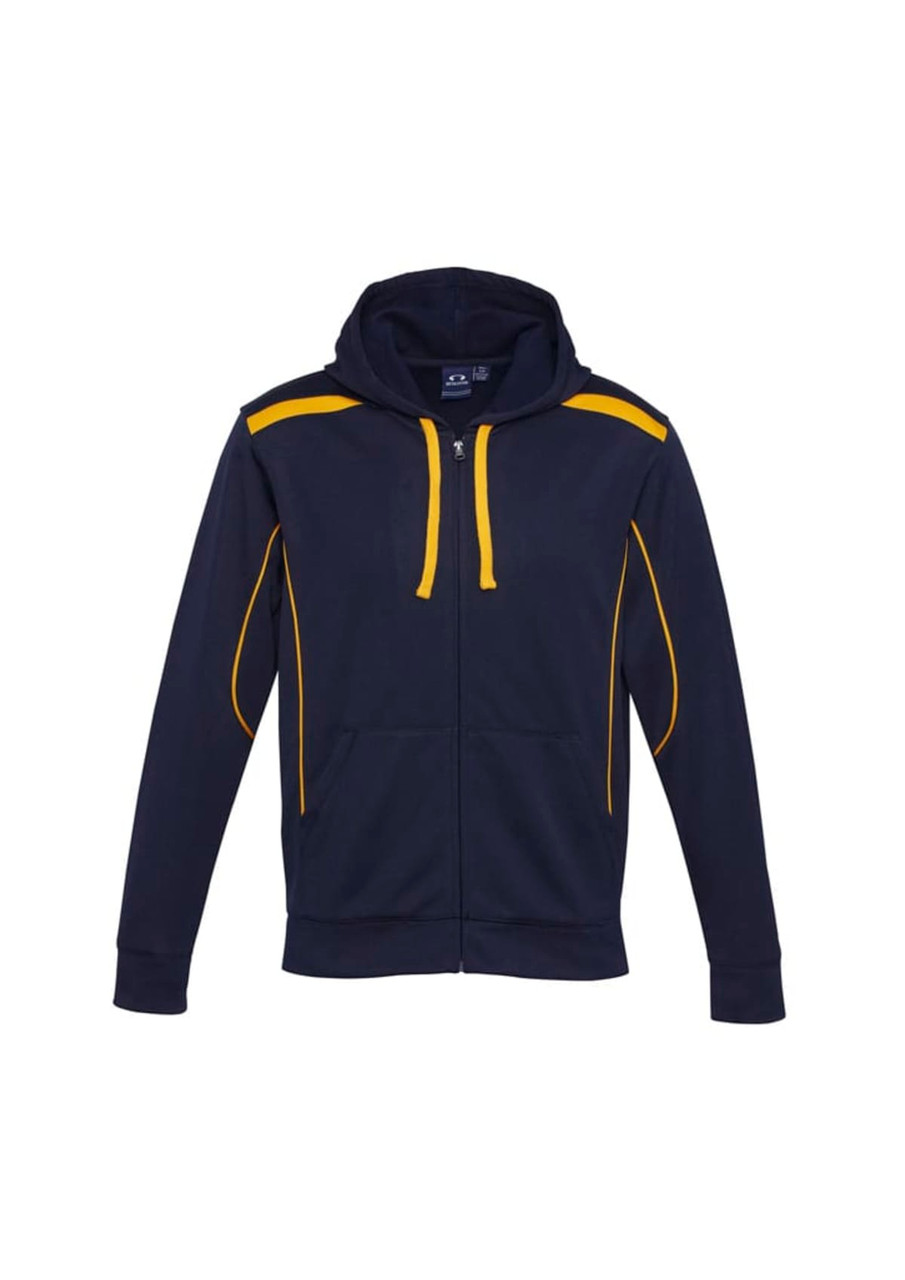 A navy hoodie with yellow accents and a front zipper, featuring a hood and a logo.