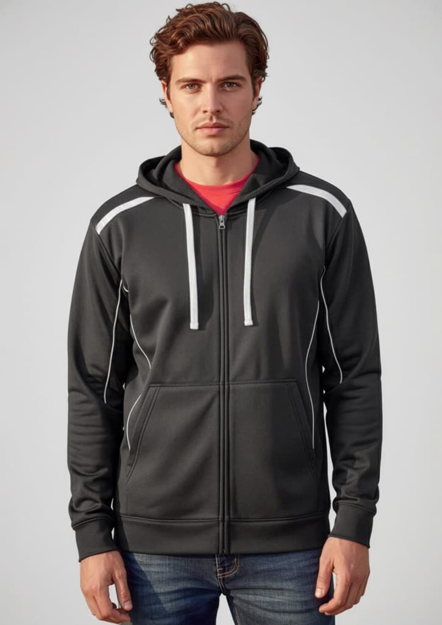 A men's black hoodie with a zip front, featuring contrasting details and an attached hood. Includes branding.