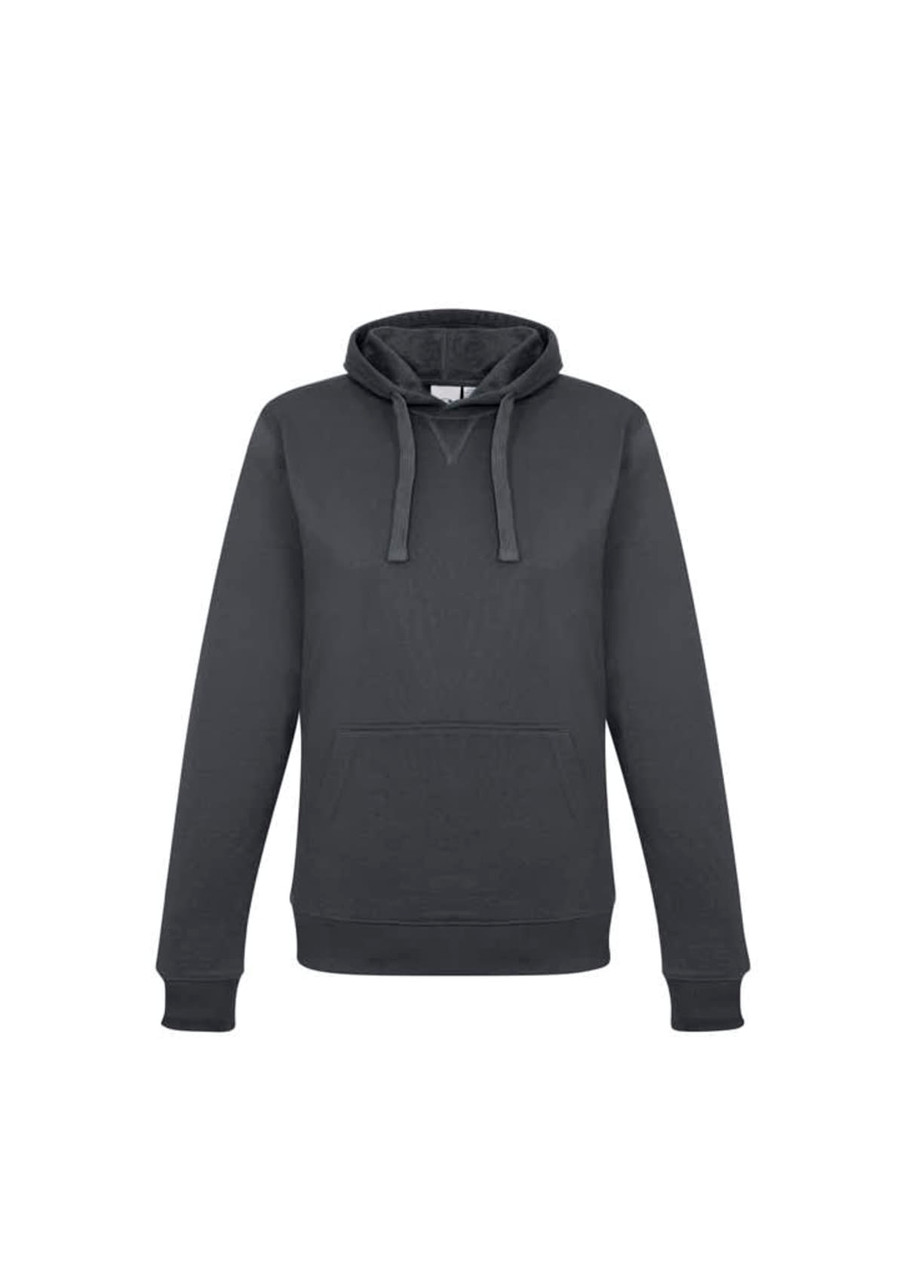 A grey women's crew hoodie with a front pocket and a drawstring hood, featuring a logo on the chest.