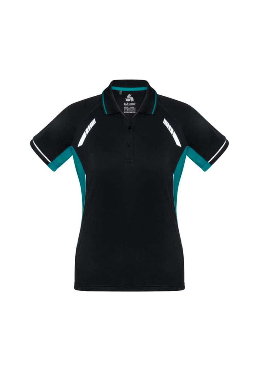 A black and teal women's short sleeve polo shirt featuring a logo and contrast detailing.