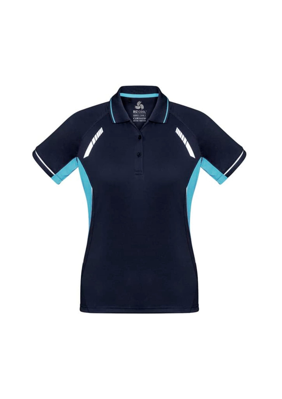 A women's navy blue short sleeve polo shirt featuring light blue accents and a logo.