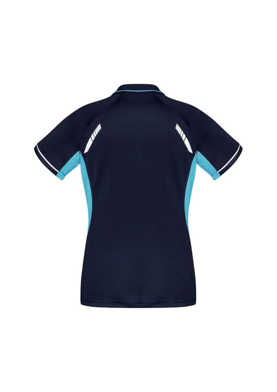 A navy blue women's polo shirt featuring light blue side panels and a logo on the back.