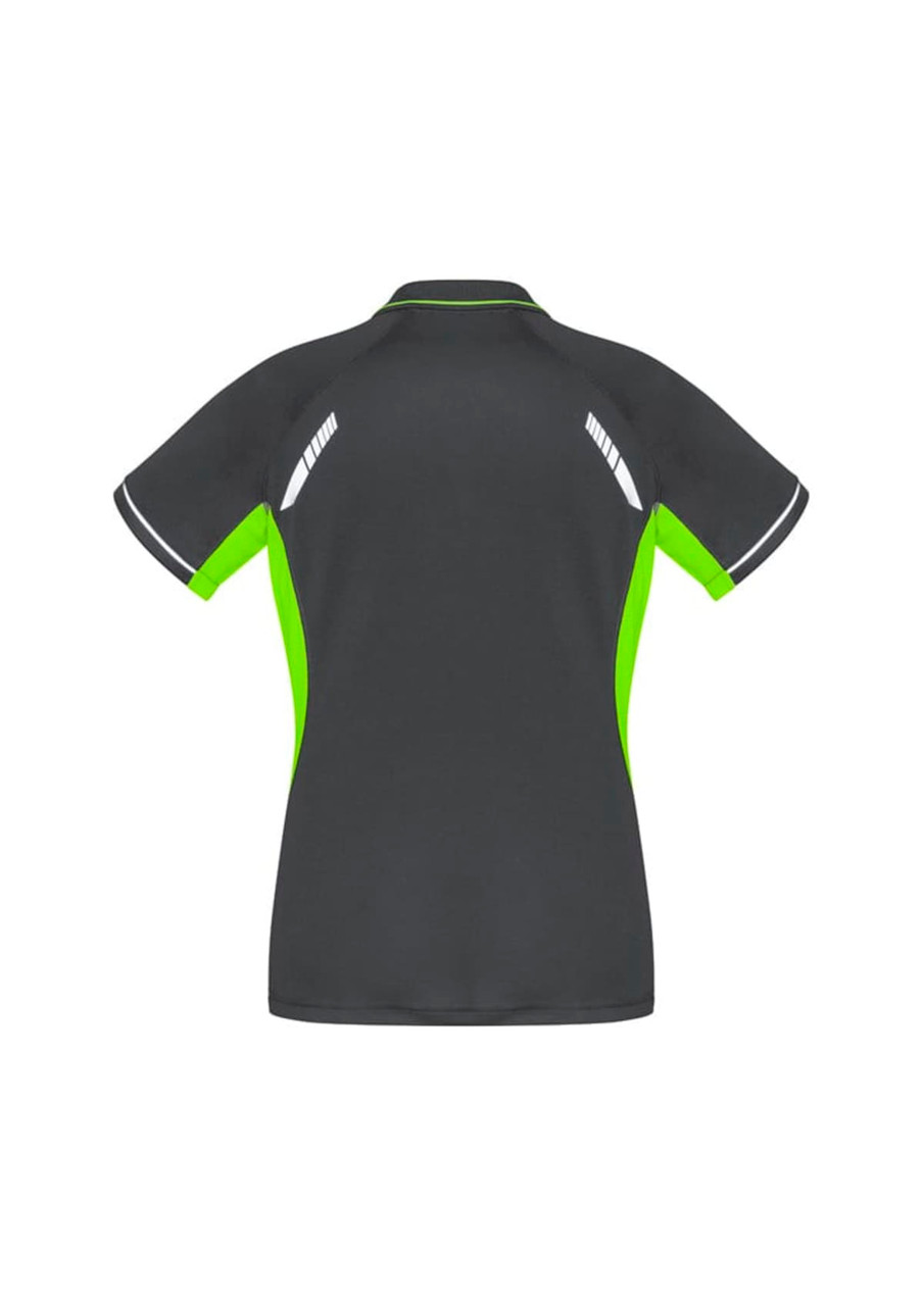 A women's short sleeve polo in dark grey with lime green accents and reflective detailing, featuring a logo.