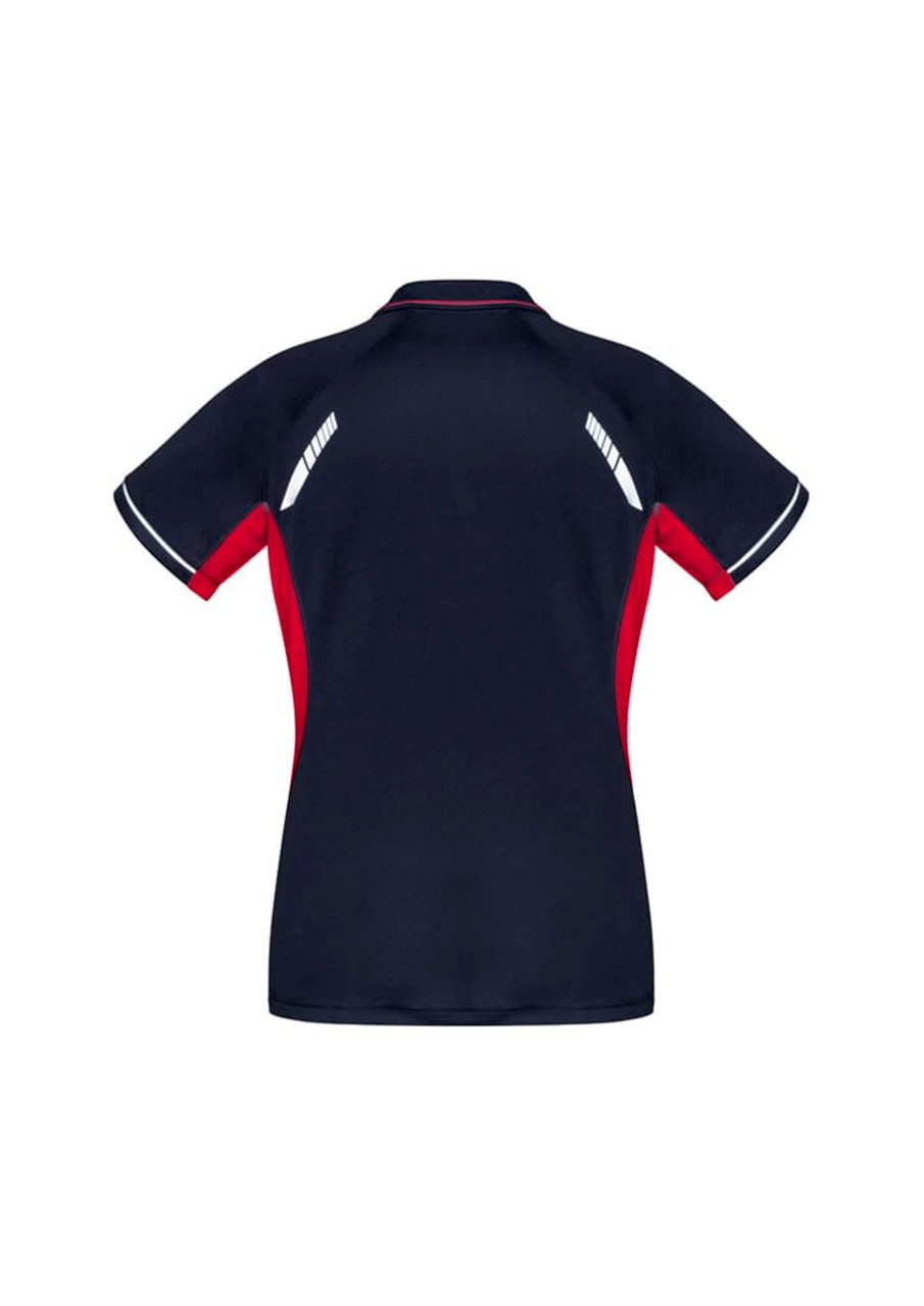 A navy and red women's polo shirt featuring a sporty design and logo on the back.