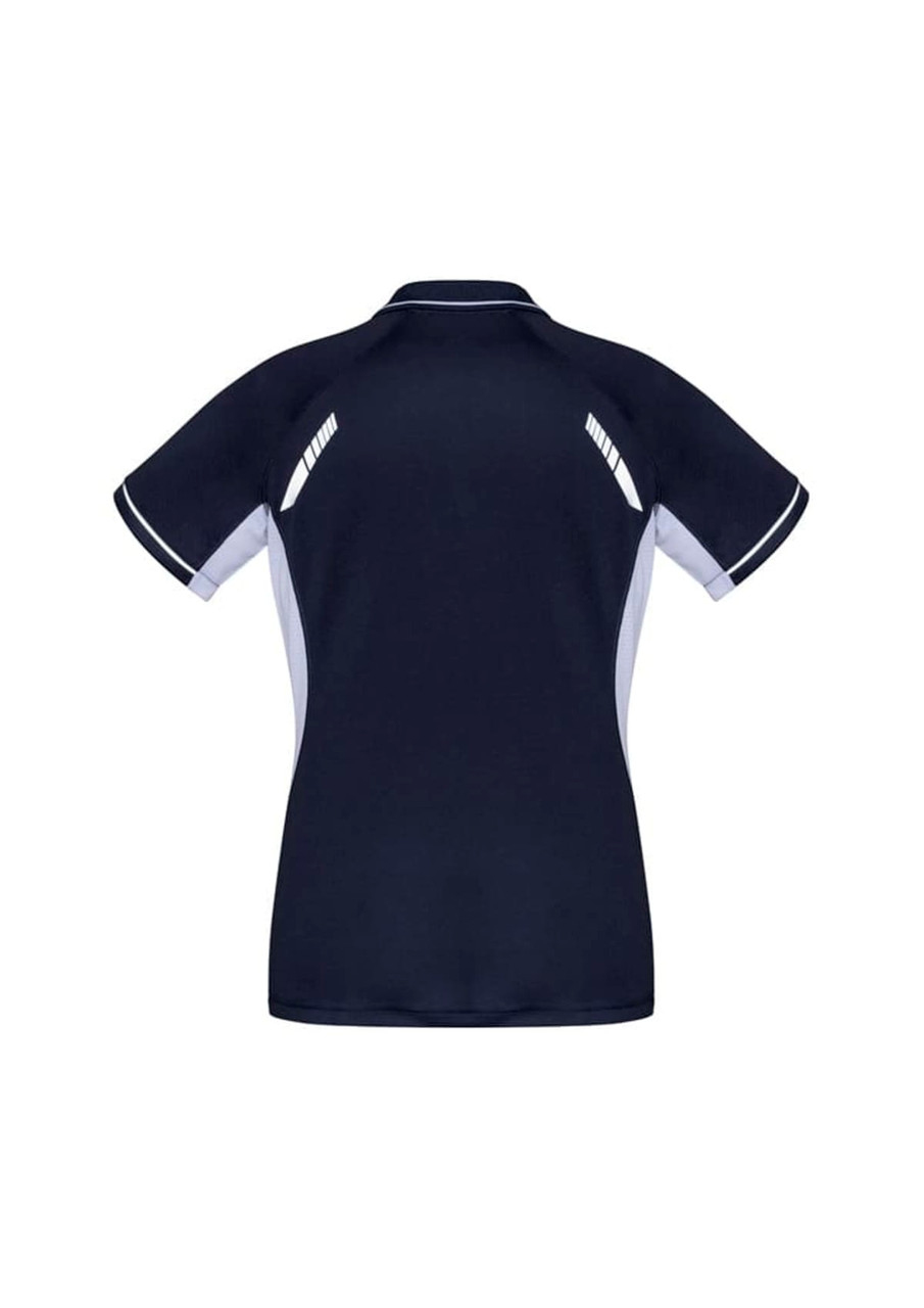 A women's short sleeve polo in navy with white accents and a logo.