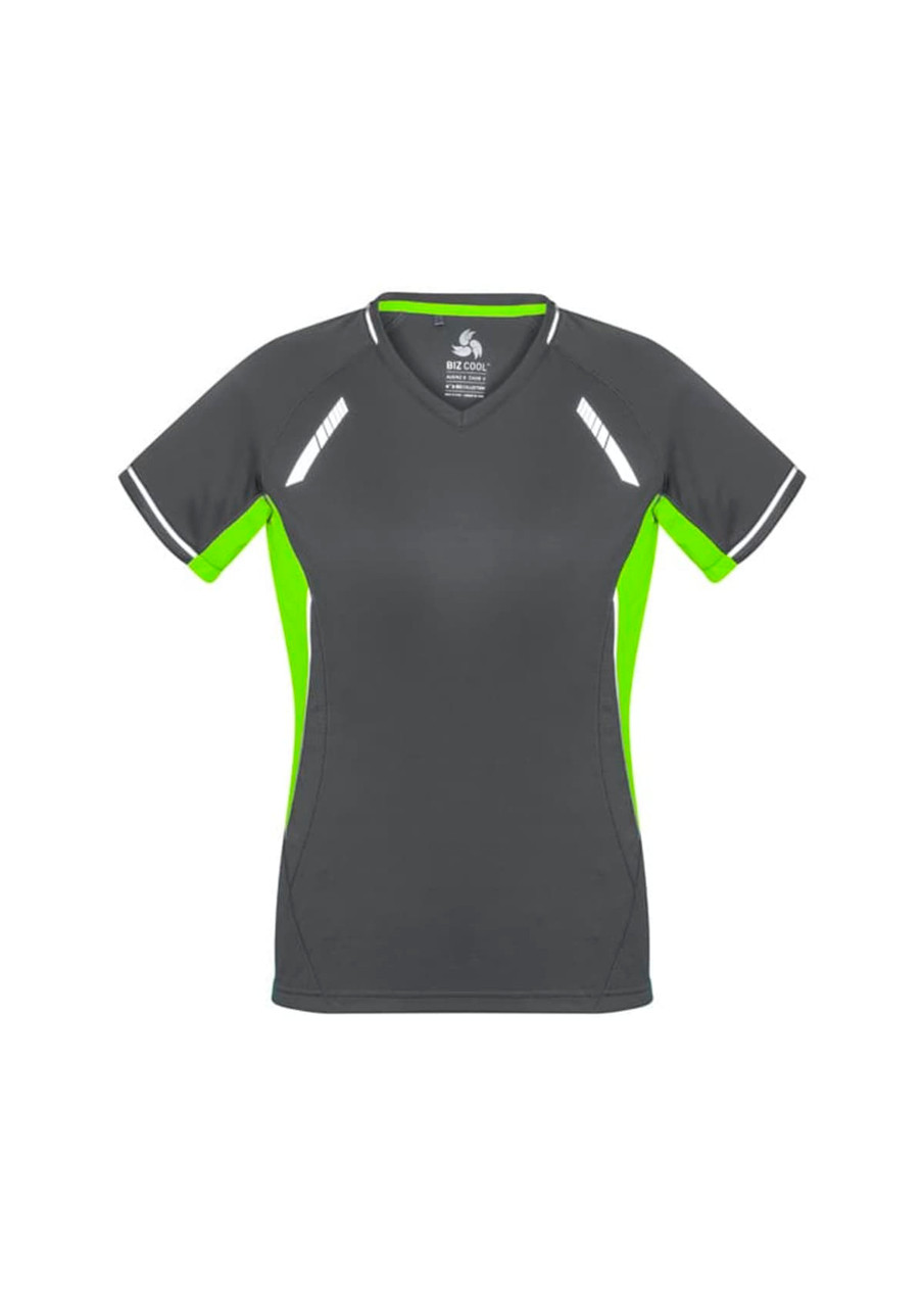 A women's short sleeve tee featuring a grey body with bright green accents and reflective stripes. It has a logo.