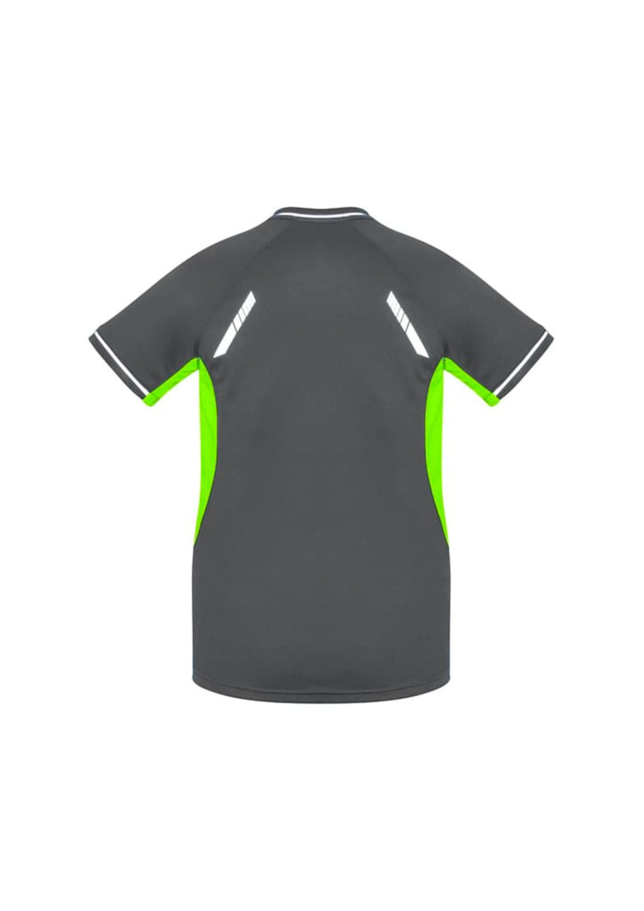 A short sleeve tee in grey with neon green accents and reflective detailing, featuring a logo.