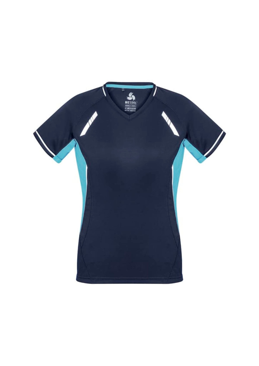 A women's short sleeve tee in navy blue with light blue accents and a logo.