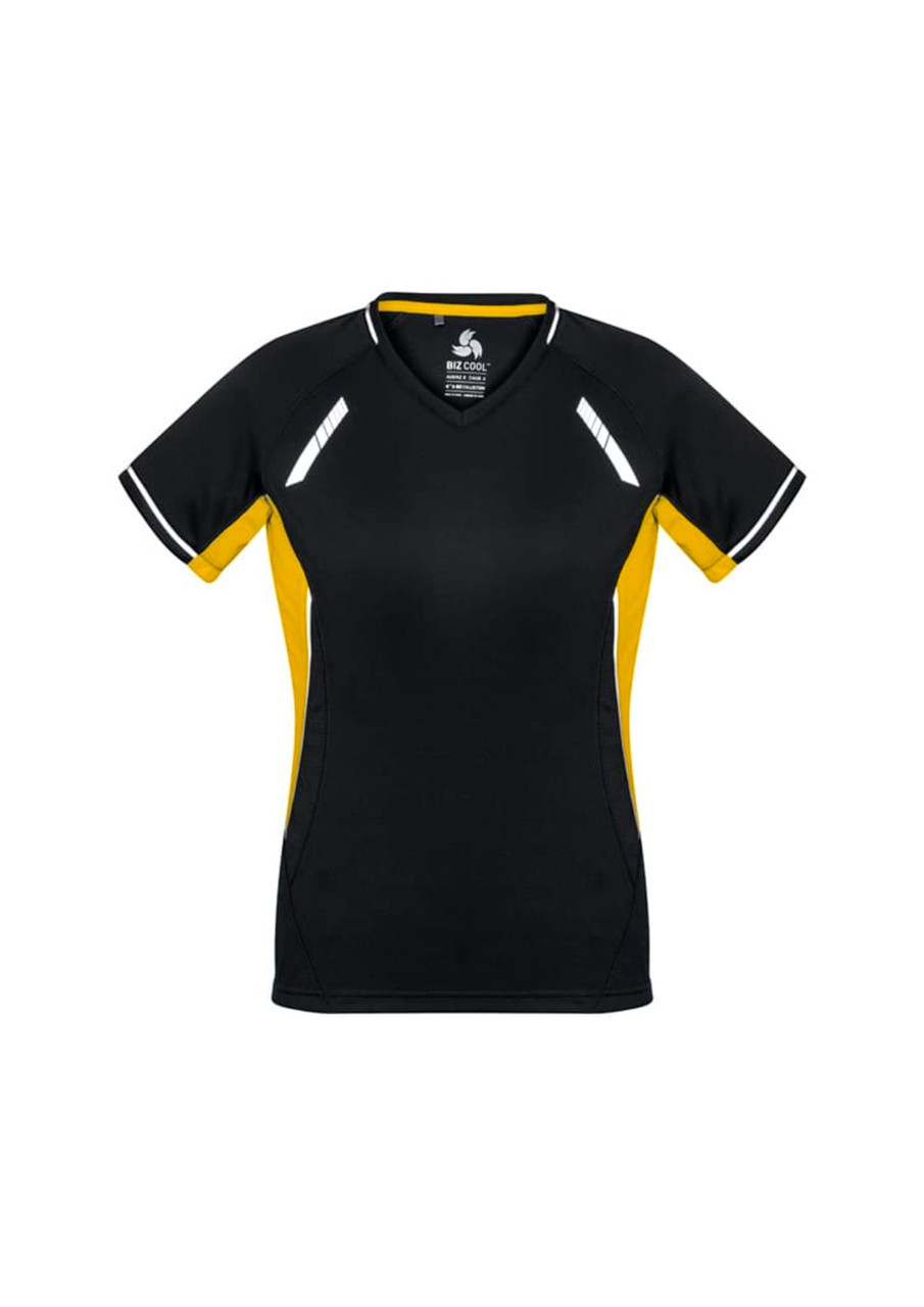 A black and yellow women's short sleeve tee with contrasting side panels and reflective detailing. It features a logo.