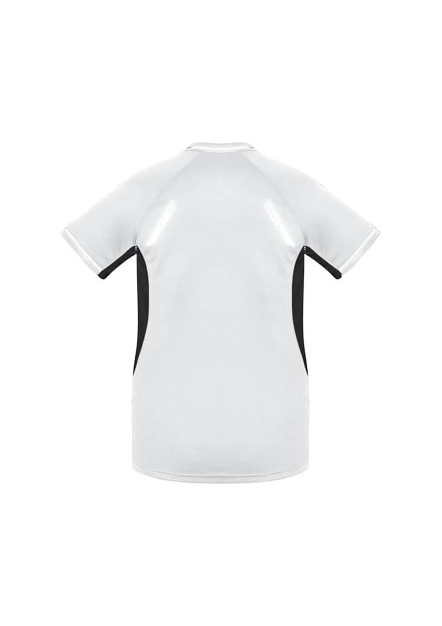 A grey women's short sleeve tee with black side panels and a logo.