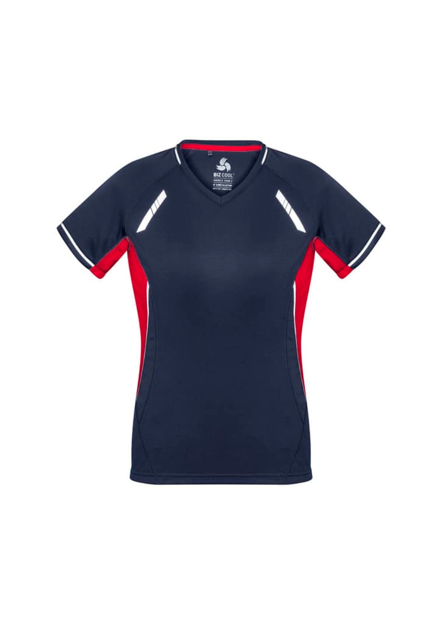 A navy and red women's short sleeve tee featuring a V-neck and reflective details, with a logo on the collar.