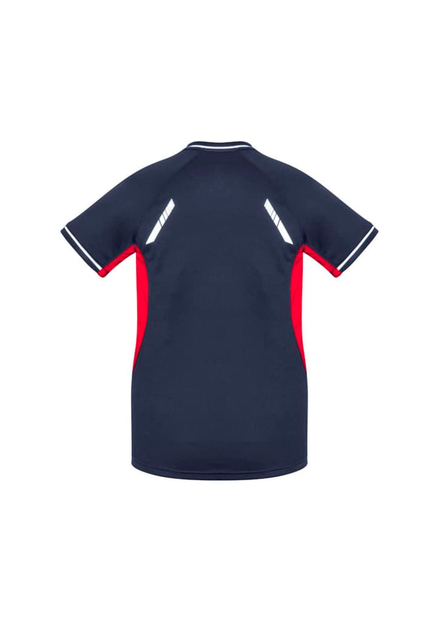 A short sleeve tee in navy with red accents and a branding logo on the back.