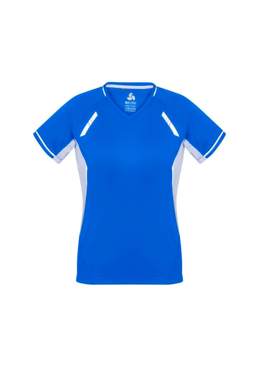 A short sleeve women's tee in bright blue with white accents and a logo on the front.