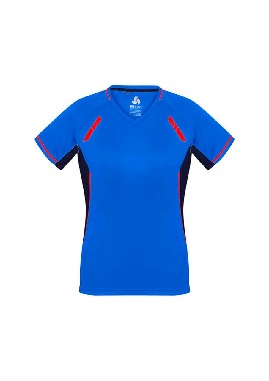 A blue short sleeve tee with red accents and a logo, featuring a v-neck design and sporty styling.