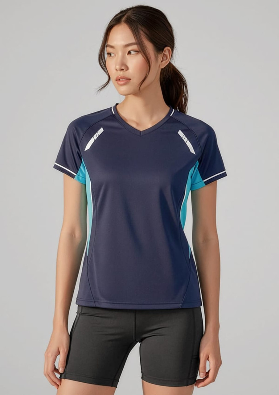 A navy and teal short sleeve tee with a sporty design, featuring contrasting details and a logo.