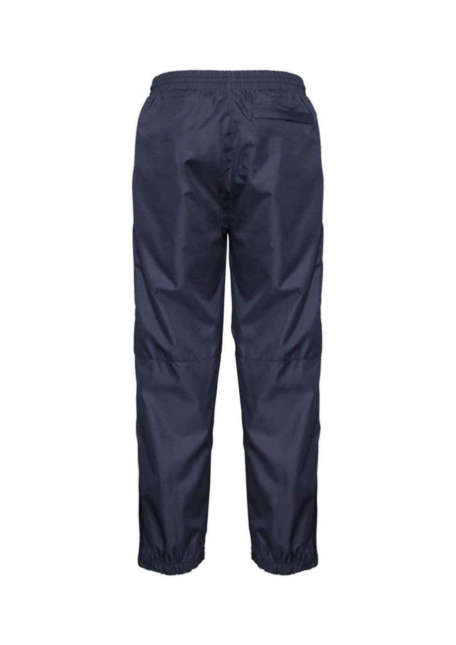 A pair of navy blue track pants with an elastic waistband and elastic cuffs at the ankles, featuring a branding logo.