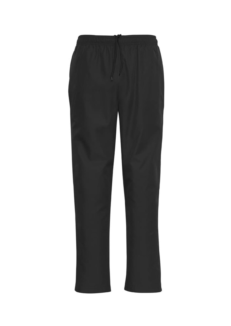 Unisex black track pants with an adjustable drawstring waistband and a logo on the side. Smooth fabric finish.