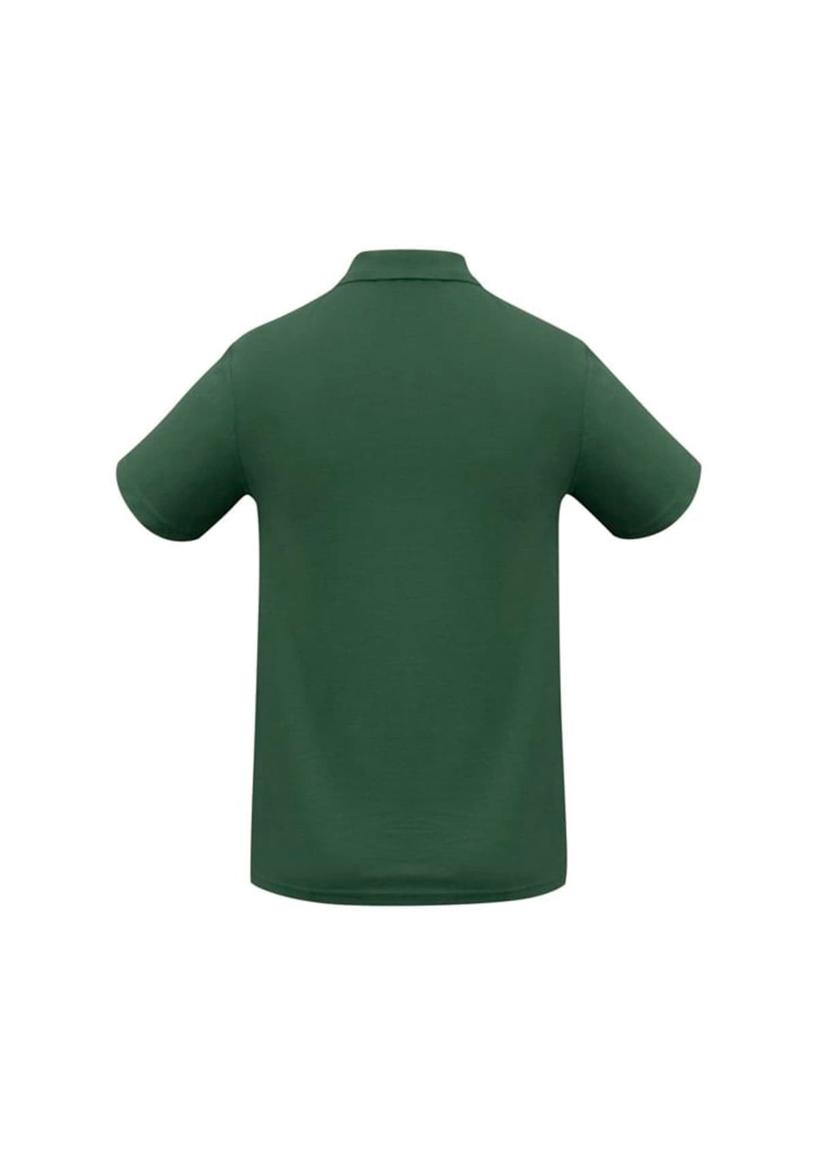 A green polo shirt with a collar and short sleeves, featuring a branding logo on the back.