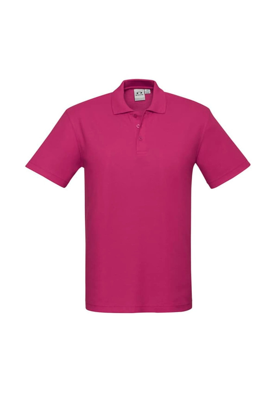 A magenta crew men's polo shirt with a collar and short sleeves, featuring a logo on the chest.