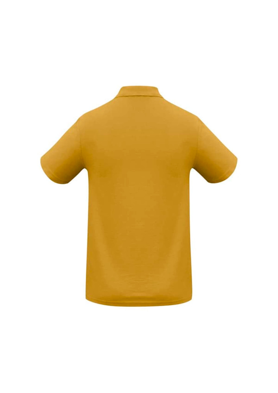 A yellow men's polo shirt featuring a simple design and a logo on the back.