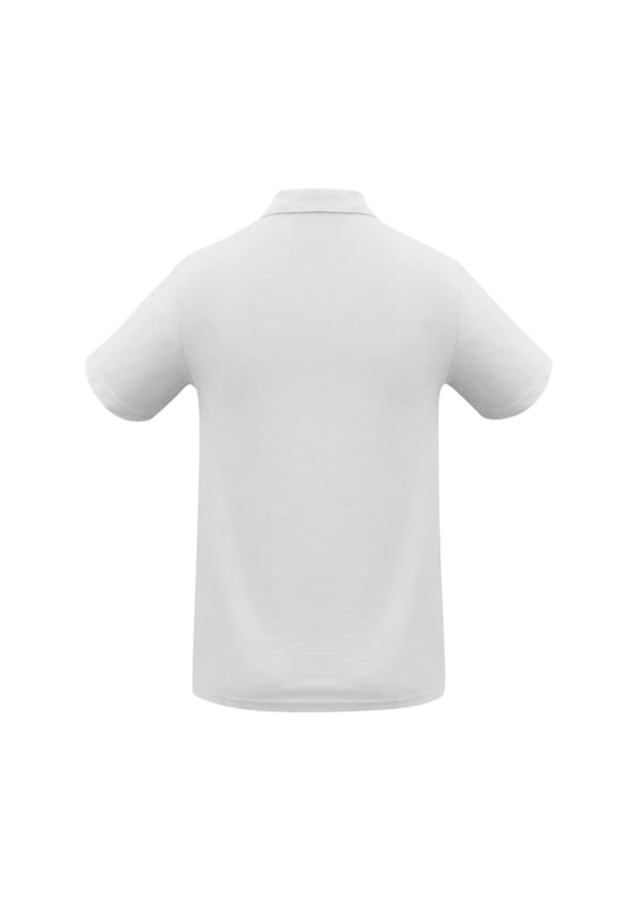 A plain white polo shirt featuring a collar and short sleeves. The back view shows a smooth, unembellished design.