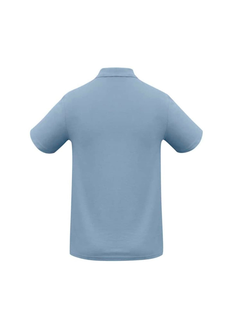 A light blue polo shirt featuring short sleeves and a collar. The back view shows the shirt's smooth fabric and plain design.