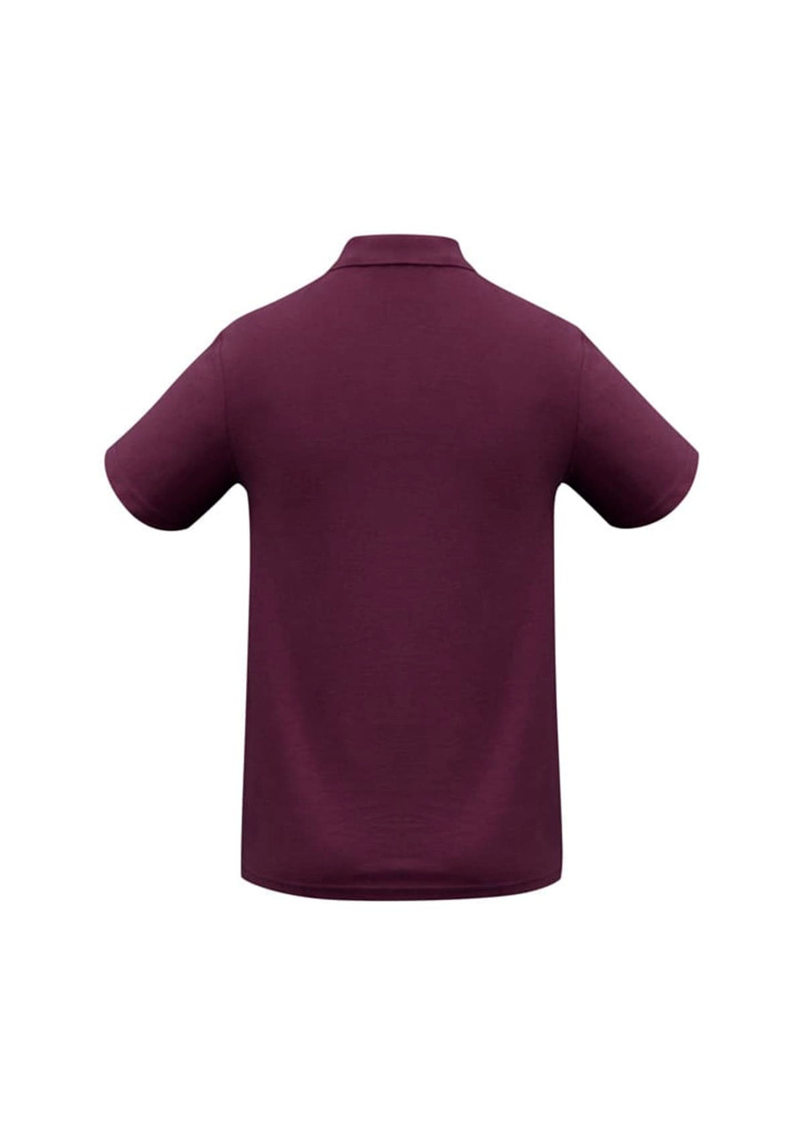 A men's polo shirt in a deep plum colour, featuring a classic collar and short sleeves, with a logo on it.