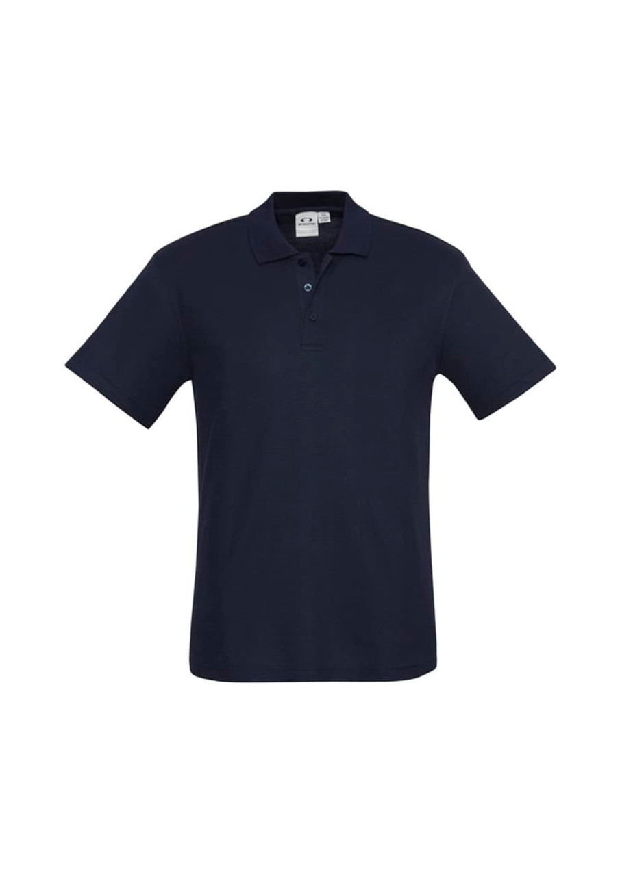 A dark navy polo shirt with a classic collar and short sleeves, featuring a logo on the chest.