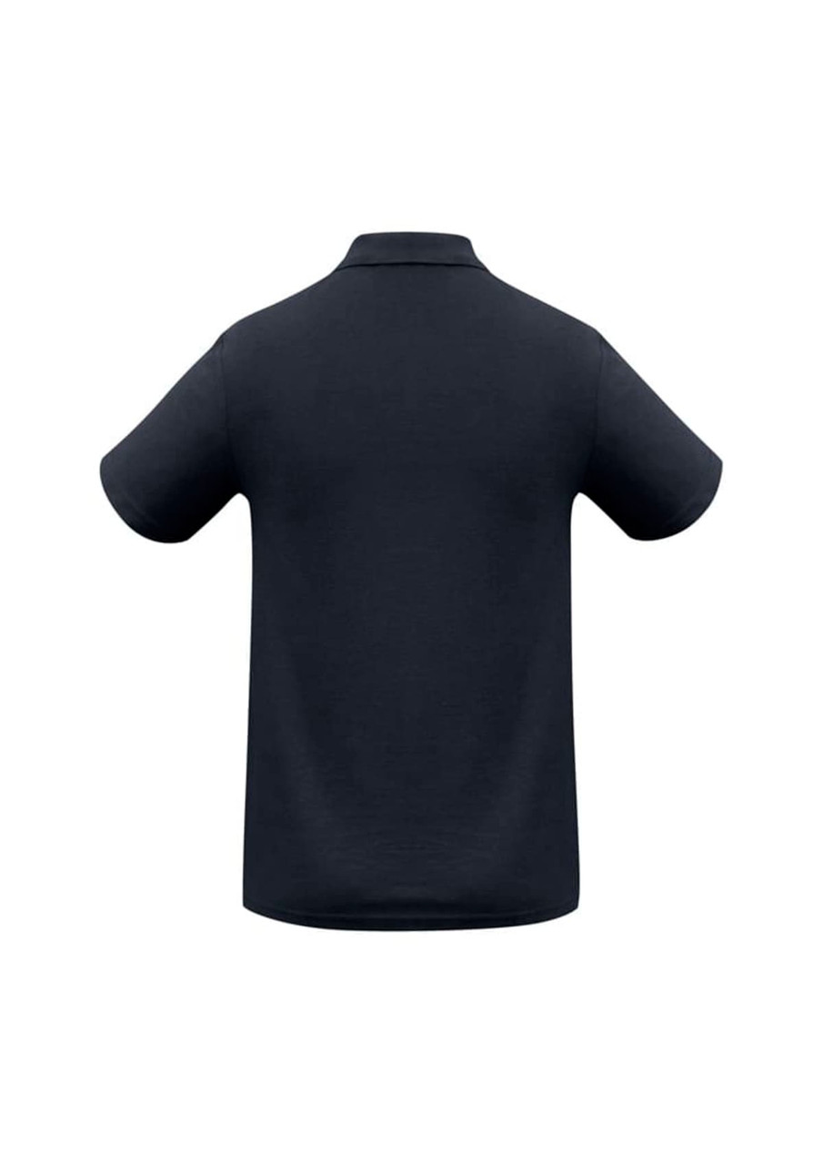 A navy blue men's polo shirt with a classic collar and short sleeves, featuring a logo on the front.