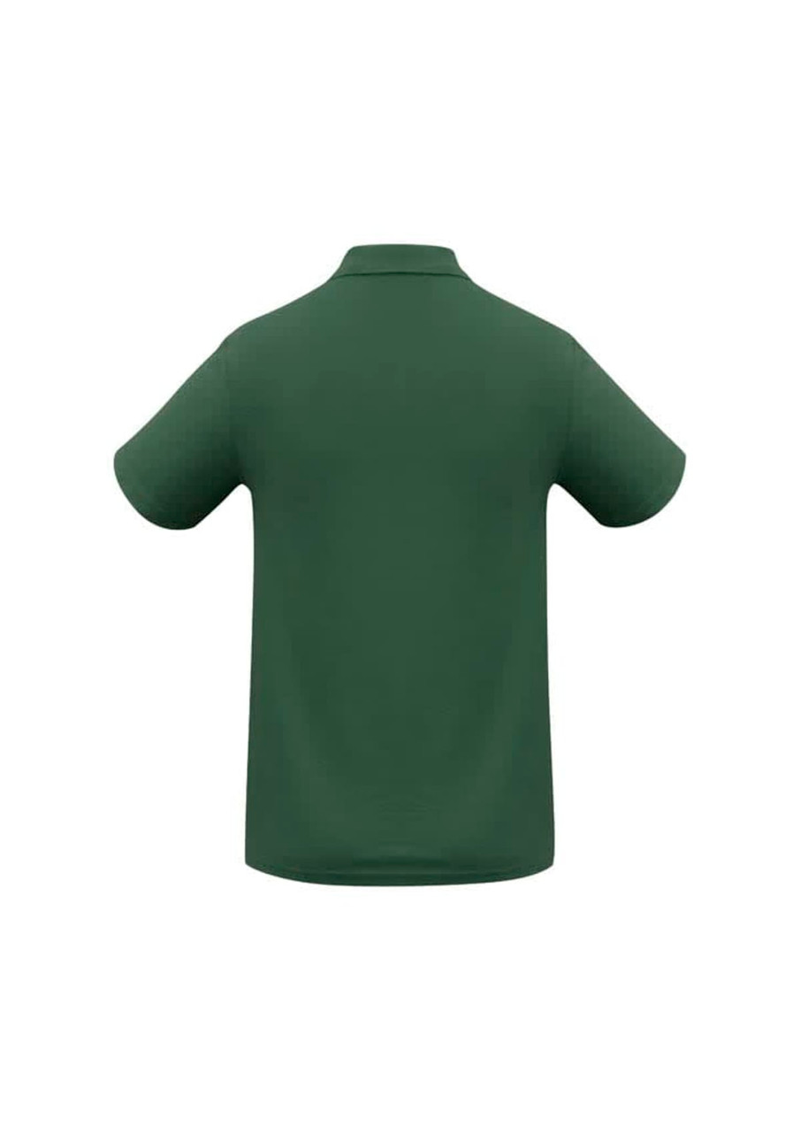 A green polo shirt with short sleeves and a collar, featuring a logo on the back.