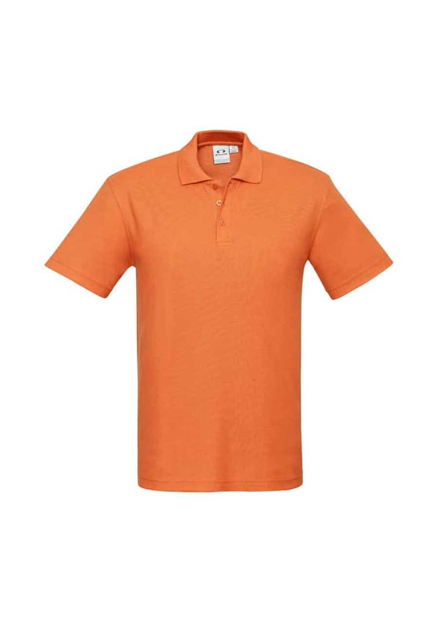 An orange men's polo shirt featuring a collar and three buttons, with a logo on the chest.