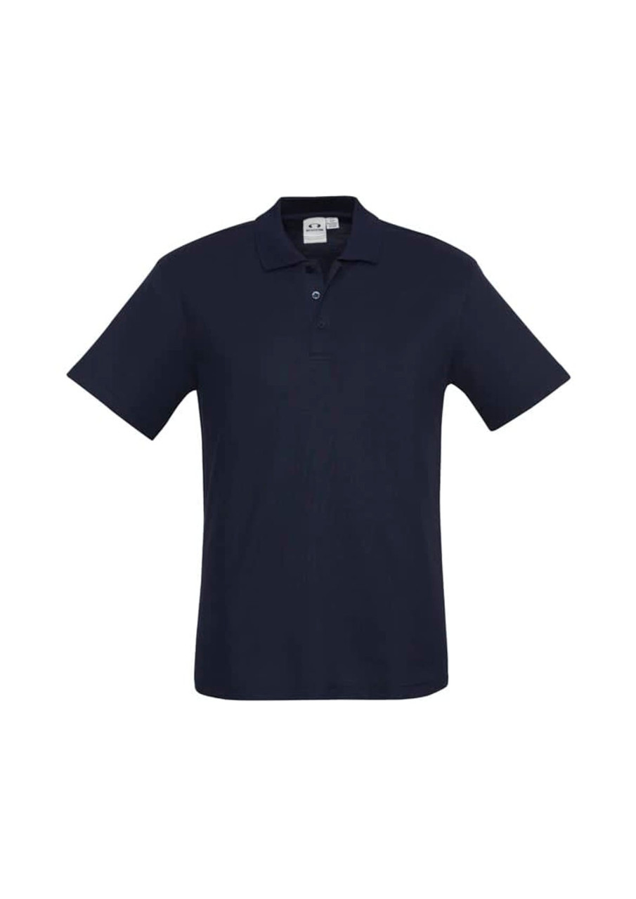A navy blue polo shirt with a collar, short sleeves, and a logo on the chest.