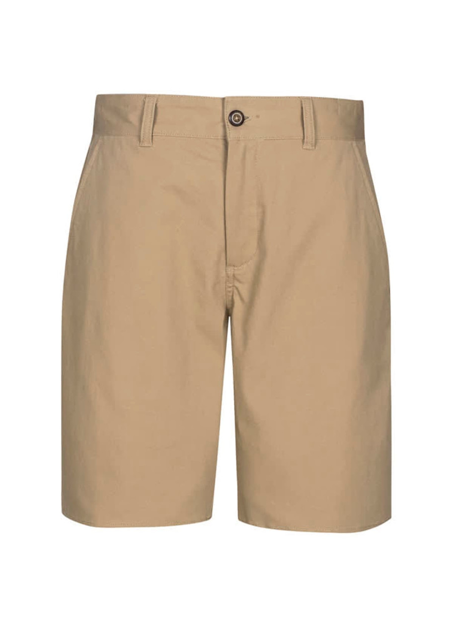 A pair of khaki dress shorts with a button closure and a branded logo on the waistband.
