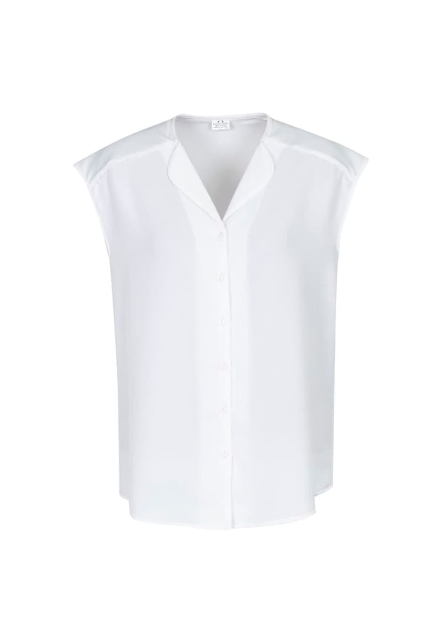 A white blouse with a collared neckline and short sleeves, featuring a button-down front and a relaxed fit.
