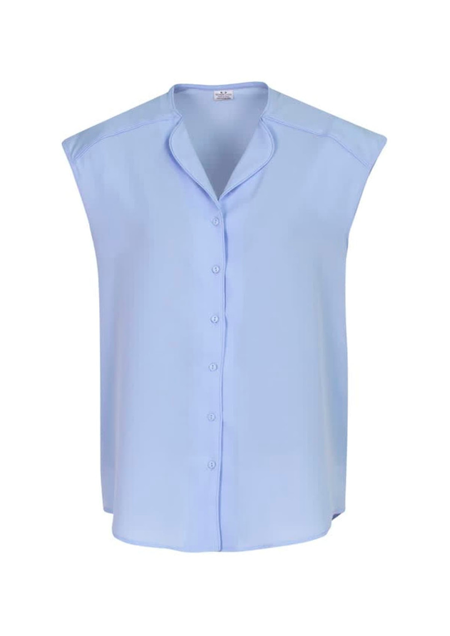 A light blue women's blouse featuring a button-up front and cap sleeves. The top has a subtle sheen and a simple design.