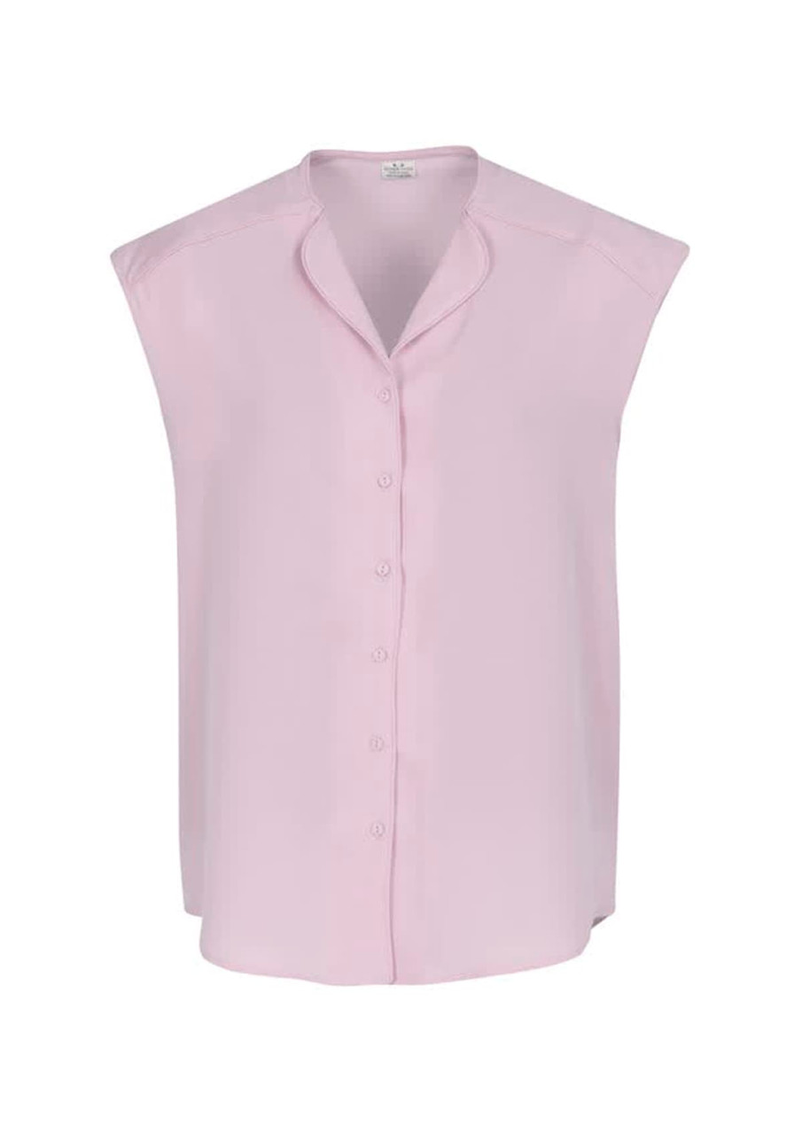 A sleeveless pink blouse with a button-up front and a casual collar. The fabric appears smooth and lightweight.