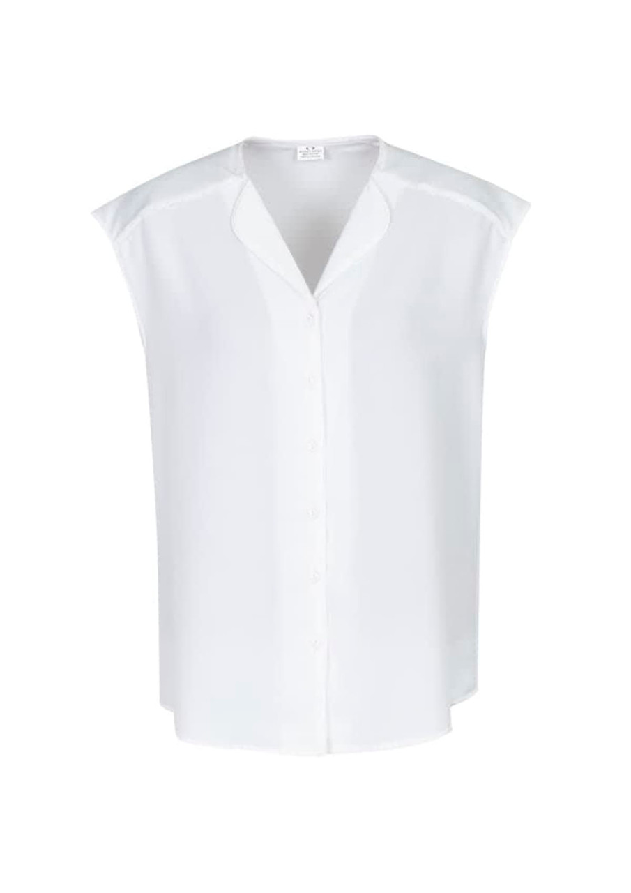 A white women's blouse with a relaxed fit and cap sleeves, featuring a button-down front and a subtle collar.