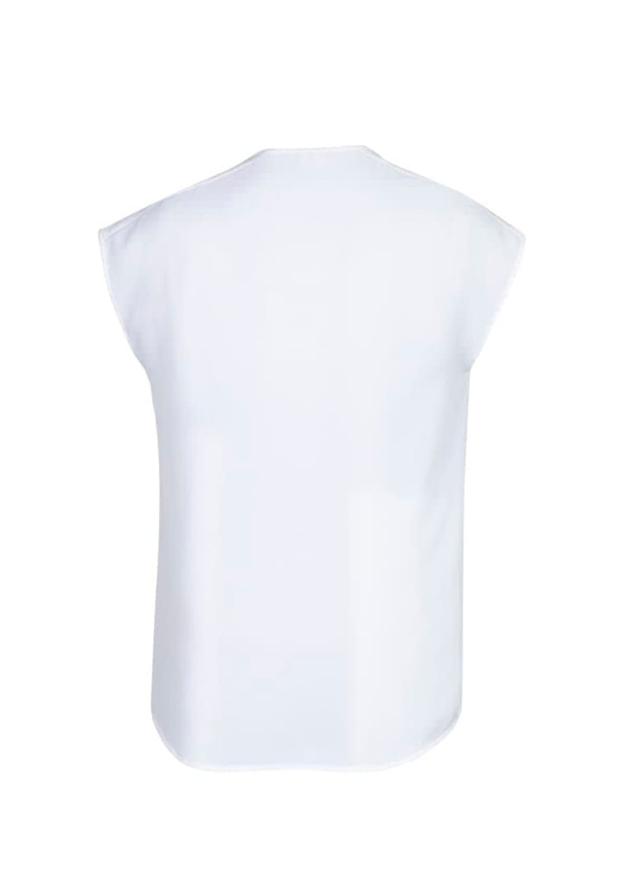 A white blouse with short, cap sleeves, featuring a simple design and no visible embellishments.
