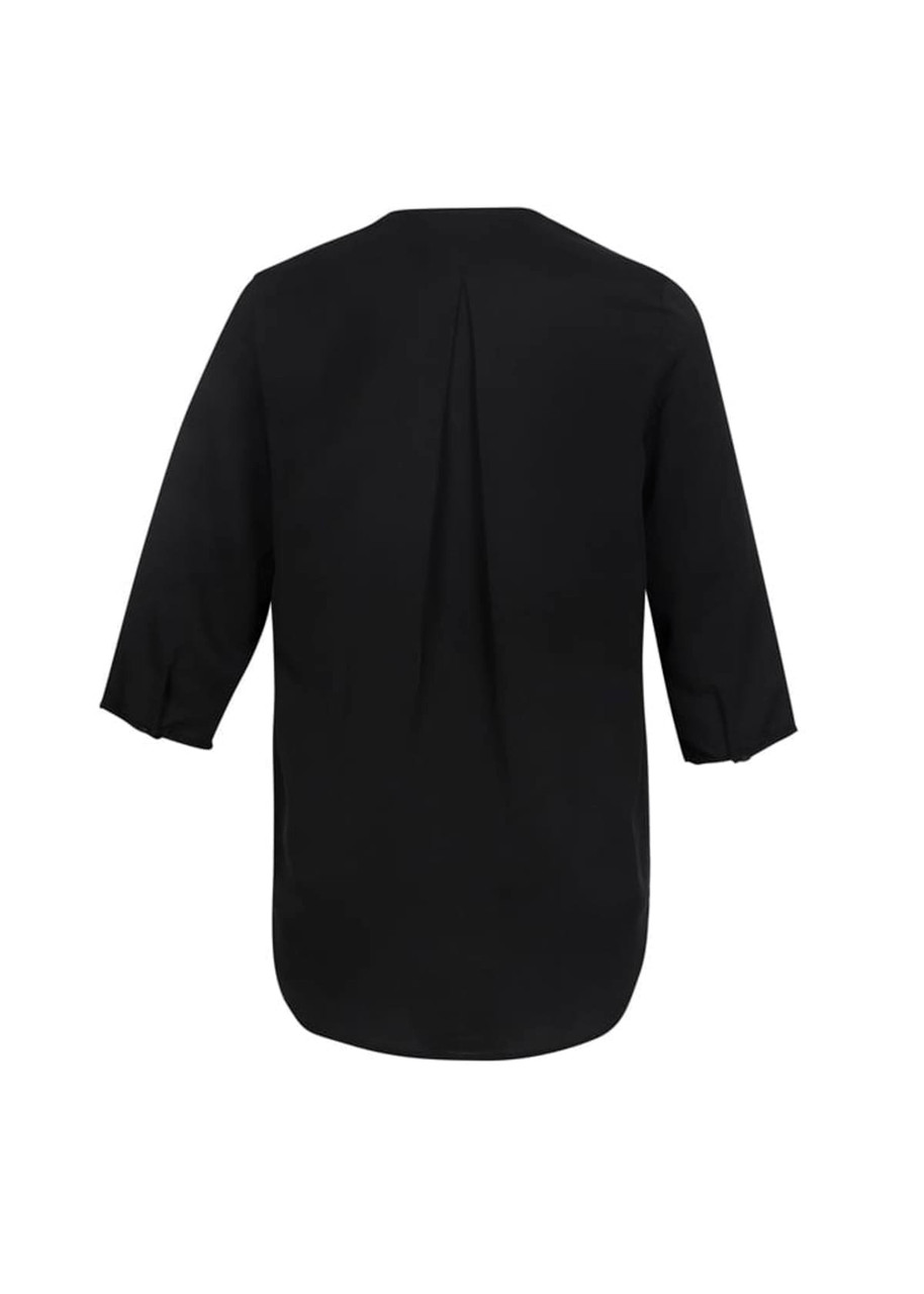 A black women's longline blouse with three-quarter sleeves and a pleat detail at the back.