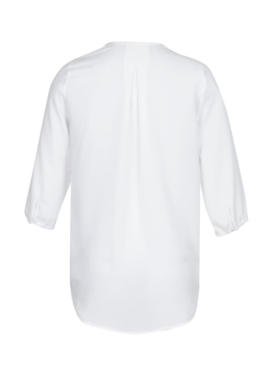 A white longline blouse with three-quarter sleeves and a relaxed fit, featuring a back pleat and a branding logo.
