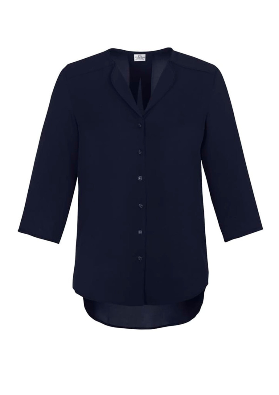 A button-up longline blouse in navy blue with a collar and three-quarter sleeves. It features a logo.